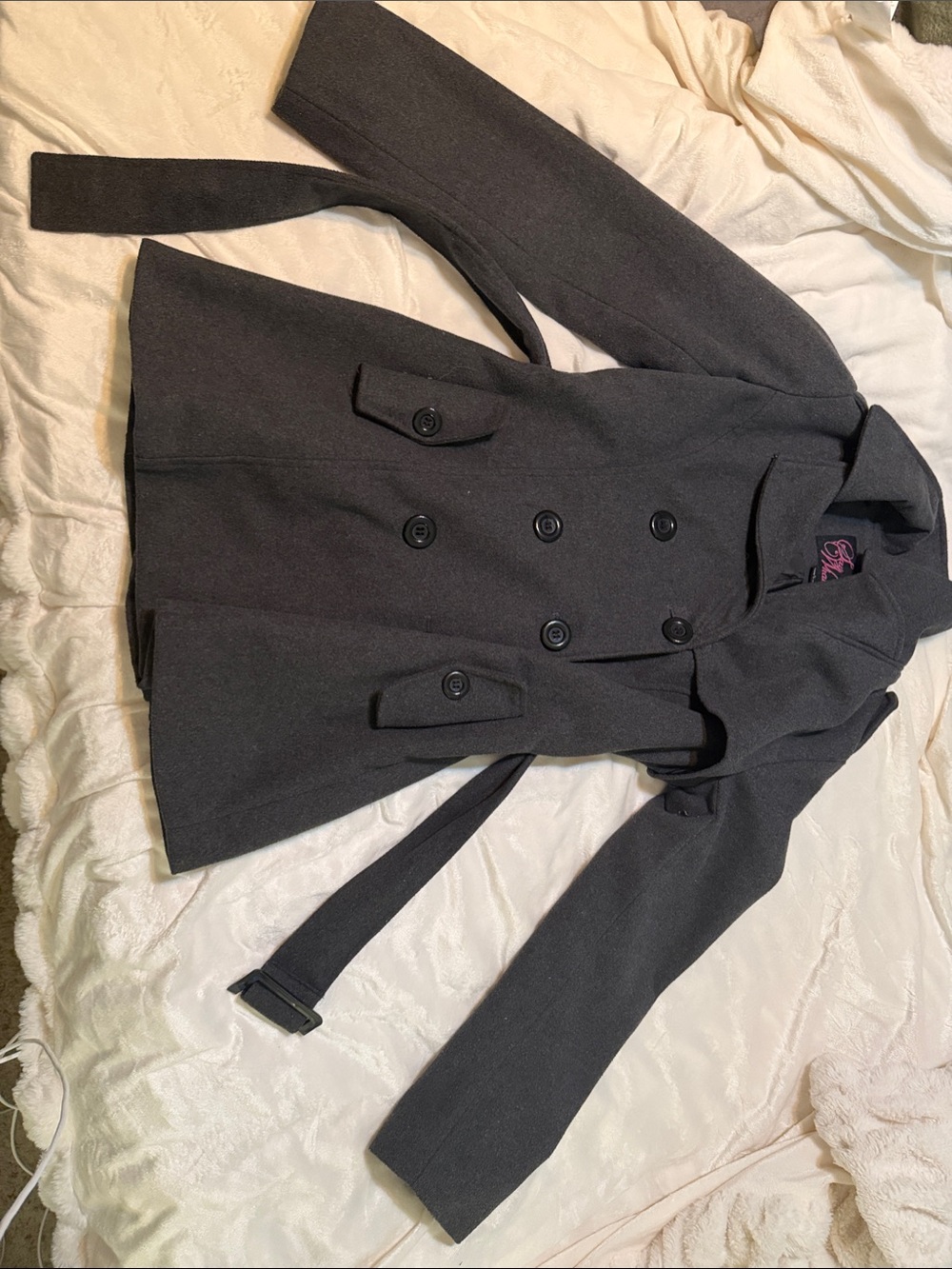 Say What? Women's Dark Gray Double-Breasted Pea Coat with Belt